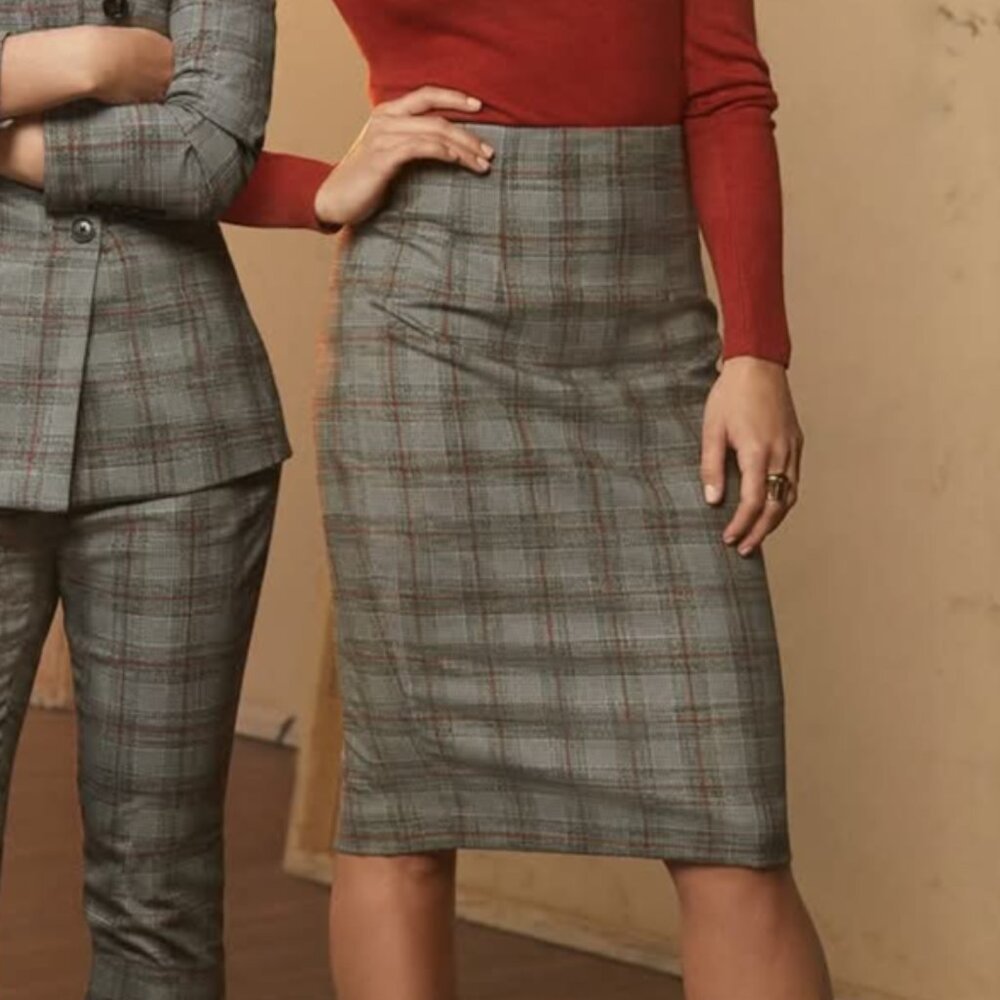 RW&CO pencil skirt grey rust brown plaid size 0